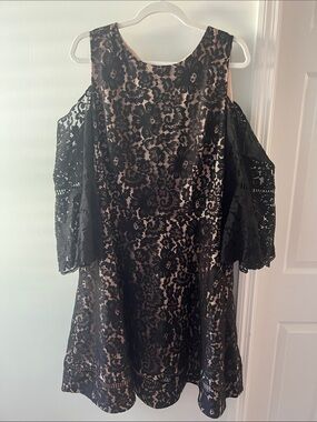 Eliza J Black Lace Cold Shoulder Dress with Nude Blush Lining